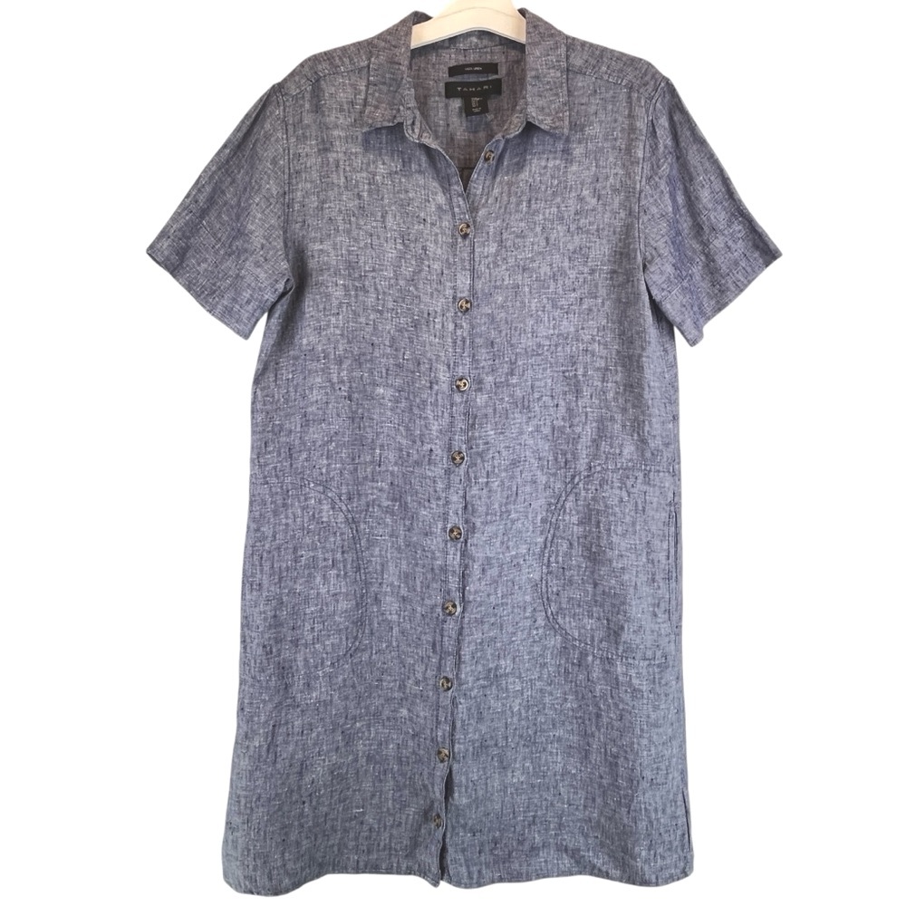 Tahari 100% Linen Blue Chambray Button Down Collared Shirtdress Sz S